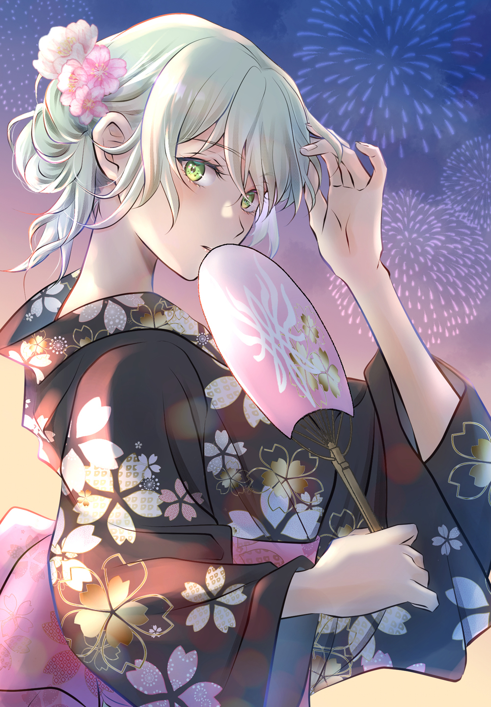 1girl arm_up black_kimono byleth_(female)_(fire_emblem) byleth_(fire_emblem) cherry_blossom_print cherry_blossoms commentary_request crest_of_flames dusk enlightened_byleth_(female) fire_emblem fire_emblem:_three_houses fireworks floral_print floral_print_kimono flower green_eyes green_hair hair_bun hair_flower hair_ornament hair_up hand_fan hand_in_own_hair highres holding holding_fan japanese_clothes kazu20200224 kimono light_blush long_sleeves looking_at_viewer medium_hair obi outdoors paper_fan parted_lips pink_flower pink_sash sash sky solo uchiwa upper_body wide_sleeves yukata