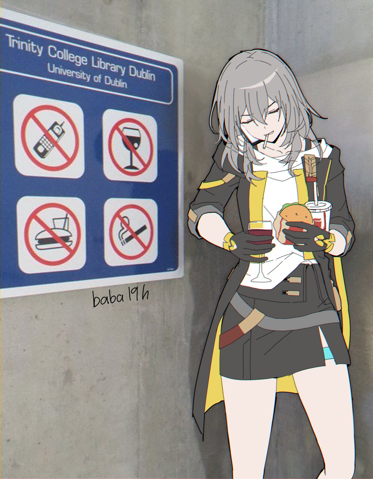 1girl artist_name baba19h black_gloves black_jacket black_skirt burger cigarette commentary cup drinking_glass english_commentary food gloves grey_hair highres holding holding_cup holding_food honkai:_star_rail honkai_(series) jacket meme photo-referenced real_world_location red_wine shirt skirt smoking stelle_(honkai:_star_rail) talking_on_phone trailblazer_(honkai:_star_rail) trinity_college_library_dublin white_shirt wine_glass yellow_trim