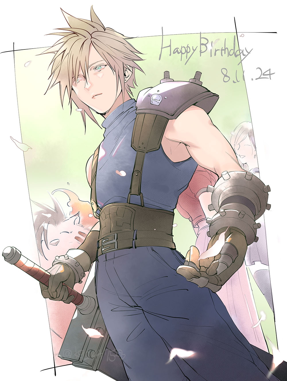 2boys 2girls aerith_gainsborough armor belt black_skirt black_thighhighs blonde_hair blue_eyes blue_pants blue_sweater brown_gloves brown_hair buster_sword closed_mouth cloud_strife commentary cowboy_shot dated dress earrings falling_petals feet_out_of_frame final_fantasy final_fantasy_vii final_fantasy_vii_remake flame-tipped_tail gloves hair_between_eyes happy_birthday highres holding holding_sword holding_weapon huge_weapon jacket jewelry mugikoma multiple_belts multiple_boys multiple_girls pants petals pink_dress red_jacket red_xiii short_hair shoulder_armor single_bare_shoulder skirt sleeveless sleeveless_turtleneck spiky_hair standing stud_earrings suspenders sweater sword symbol-only_commentary thigh-highs tifa_lockhart turtleneck turtleneck_sweater weapon