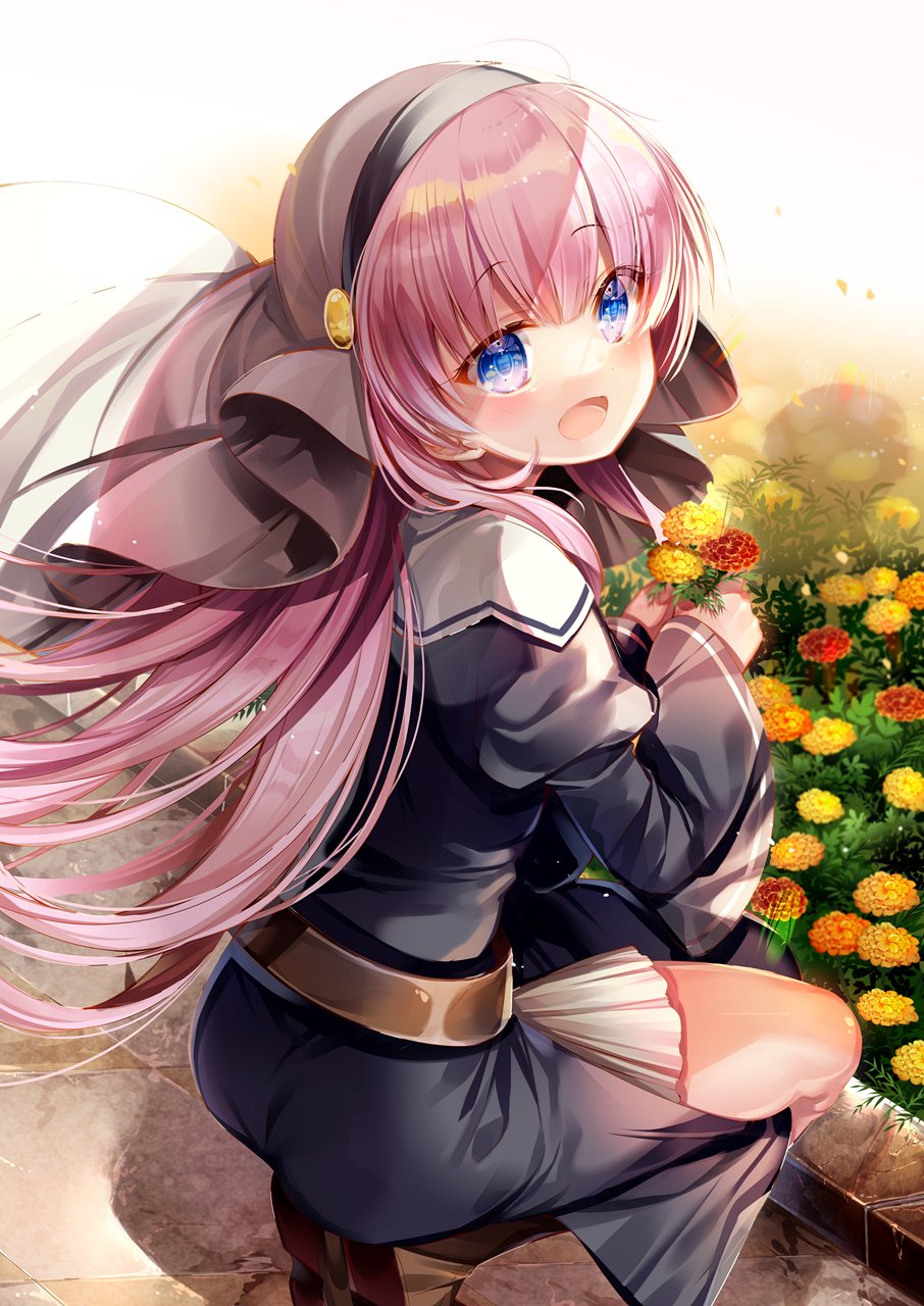 1girl :d black_dress blue_eyes blunt_bangs blush chi_no child commentary_request day dress eyelashes eyes_visible_through_hair feet_out_of_frame floating_hair flower garden highres holding holding_flower juliet_sleeves kamisama_ni_natta_hi kneeling long_hair long_sleeves looking_at_viewer nun open_mouth orange_flower outdoors pink_hair puffy_sleeves satou_hina_(kamisama_ni_natta_hi) sidelocks smile solo straight_hair white_headwear wide_sleeves yellow_flower
