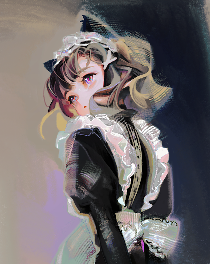 1girl animal_ears apron black_dress brown_hair cat_ears curious dress frills from_behind from_below grey_background juliet_sleeves long_sleeves looking_to_the_side maid maid_headdress original pink_eyes puffy_sleeves short_hair solo upper_body white_apron yeono0