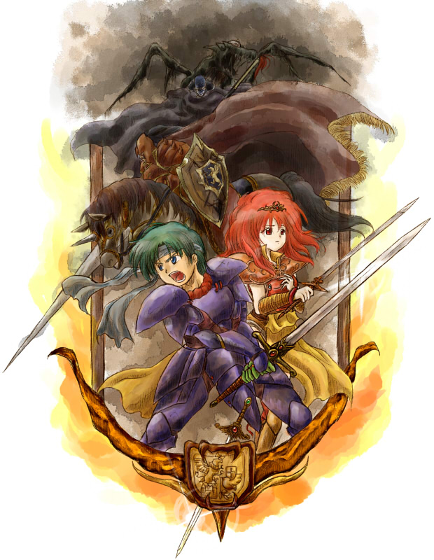 1girl 3boys alm_(fire_emblem) blue_armor celica_(fire_emblem) celica_(warrior_princess)_(fire_emblem) dragon duma_(fire_emblem) falchion_(fire_emblem) fire_emblem fire_emblem_gaiden holding holding_polearm holding_sword holding_weapon horse jedah_(fire_emblem) lance multiple_boys open_mouth polearm red-50869 red_armor red_eyes redhead shouting sword weapon zombie_dragon