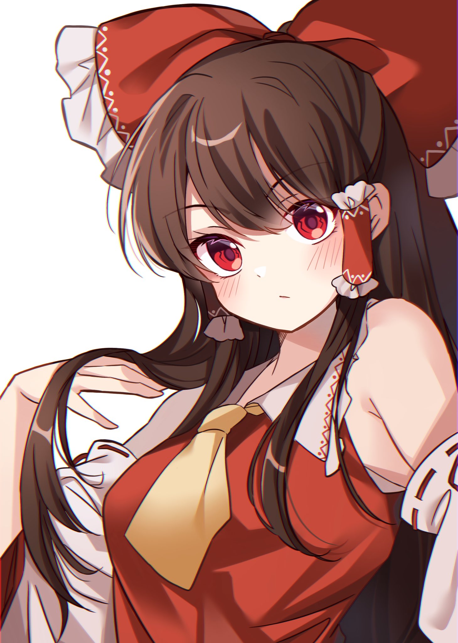 1girl :/ arm_up armpit_crease ascot bare_shoulders blush bow breasts brown_hair closed_mouth commentary_request detached_sleeves frilled_bow frilled_hair_tubes frilled_shirt_collar frills hair_between_eyes hair_bow hair_flowing_over hair_intakes hair_tubes hakurei_reimu hand_up highres long_hair long_sleeves looking_at_viewer medium_breasts meimei_(meimei89008309) red_bow red_eyes red_vest ribbon-trimmed_sleeves ribbon_trim simple_background sleeves_past_elbows solo touhou upper_body very_long_hair vest white_background wide_sleeves yellow_ascot