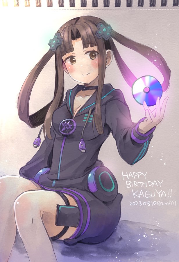1girl adult_neptune adult_neptune_(cosplay) black_hair breasts brown_eyes brown_hair character_request choker copyright_request cosplay dated happy_birthday hood hoodie medium_breasts neptune_(series) official_art shin_jigen_game_neptune_vii sitting smile solo thigh_strap twintails zinan