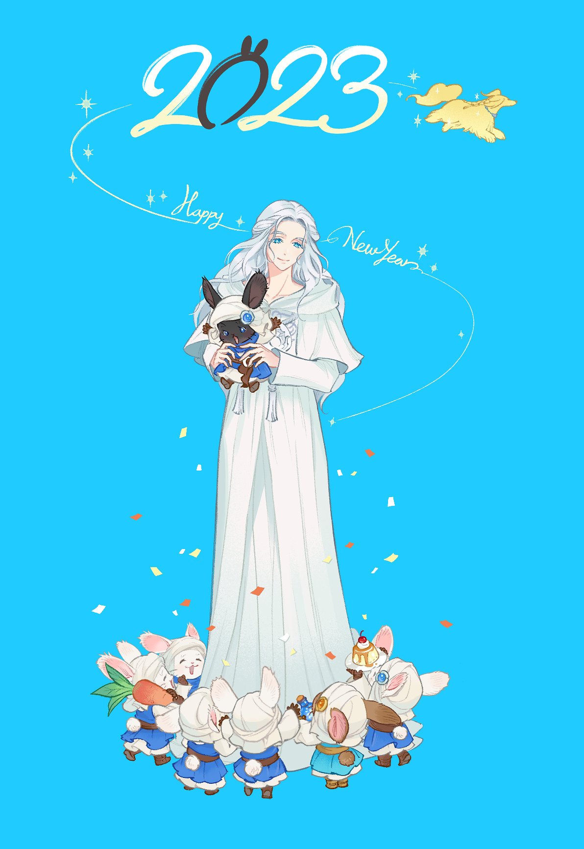 1girl 2023 6+others androgynous animal_ears argos_(ff14) black_fur blue_background blue_eyes bottle braid brown_footwear brown_gloves capelet carrot carrying carrying_person chinese_zodiac circle_formation commentary_request confetti ears_through_headwear final_fantasy final_fantasy_xiv food full_body gloves half_updo happy_new_year highres holding holding_food hood hood_down hooded_capelet korean_commentary long_hair long_sleeves looking_down loporrit mask mask_around_neck mask_removed multiple_others open_mouth outstretched_arms periwinkle_ff14 pudding rabbit_ears rabbit_tail robe shoes simple_background single_braid smile tail turban venat_(ff14) wavy_hair whiskers white_capelet white_fur white_hair white_robe year_of_the_rabbit