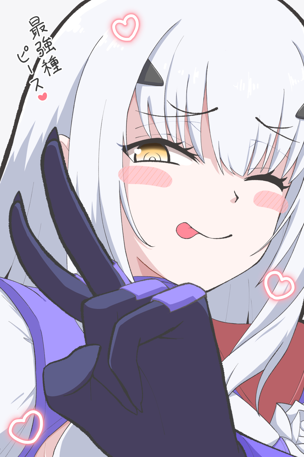 1girl blush collar drill_bulbul fate/grand_order fate_(series) forked_eyebrows gloves hair_between_eyes hair_ornament heart highres looking_at_viewer melusine_(fate) naughty_face one_eye_closed purple_gloves red_collar shirt sidelocks tongue tongue_out upper_body v white_background white_hair white_shirt yellow_eyes