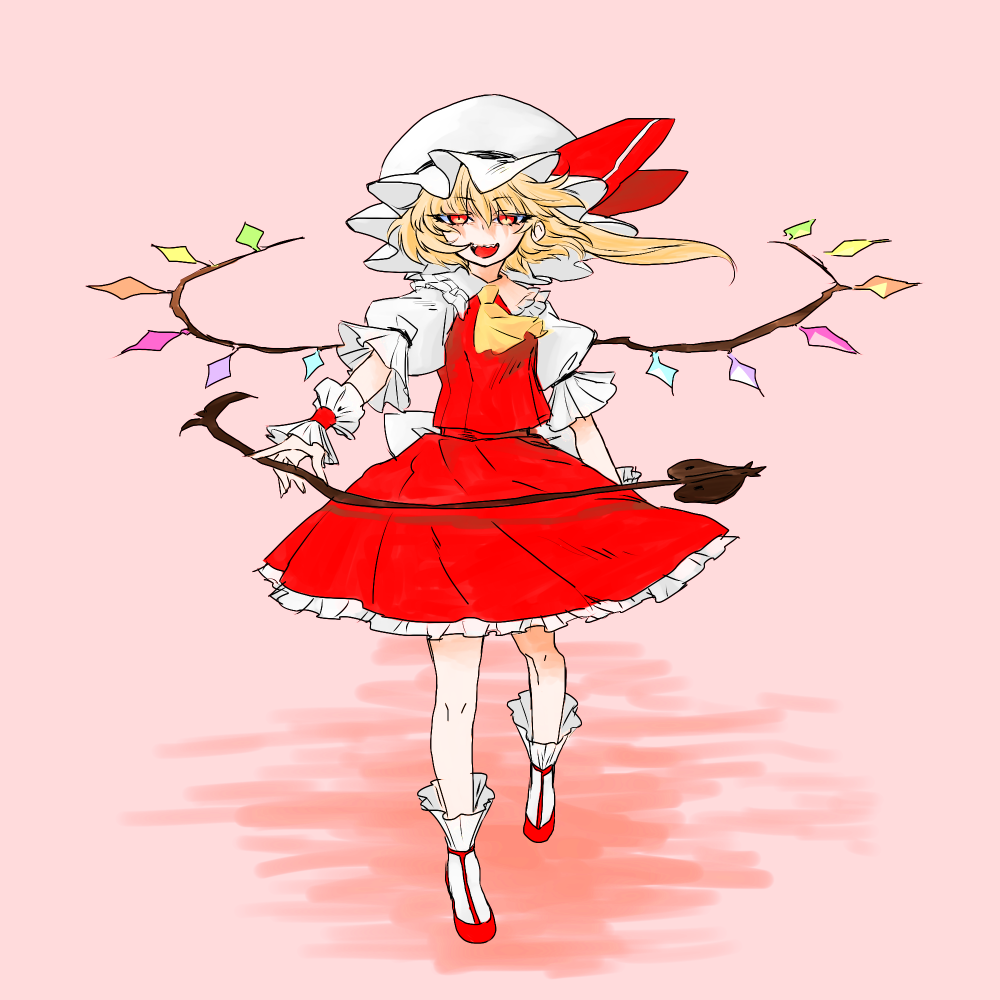 1girl ascot blonde_hair collared_shirt commentary_request crystal flandre_scarlet flat_chest frilled_shirt_collar frilled_skirt frilled_sleeves frills full_body gedougawa hair_between_eyes hat hat_ribbon laevatein_(touhou) long_hair looking_at_viewer medium_bangs mob_cap one_side_up open_mouth orange_eyes pink_background puffy_short_sleeves puffy_sleeves red_footwear red_ribbon red_skirt red_vest ribbon shirt shoes short_sleeves skirt skirt_set smile solo teeth touhou upper_teeth_only vest walking white_headwear white_shirt wings wrist_cuffs yellow_ascot