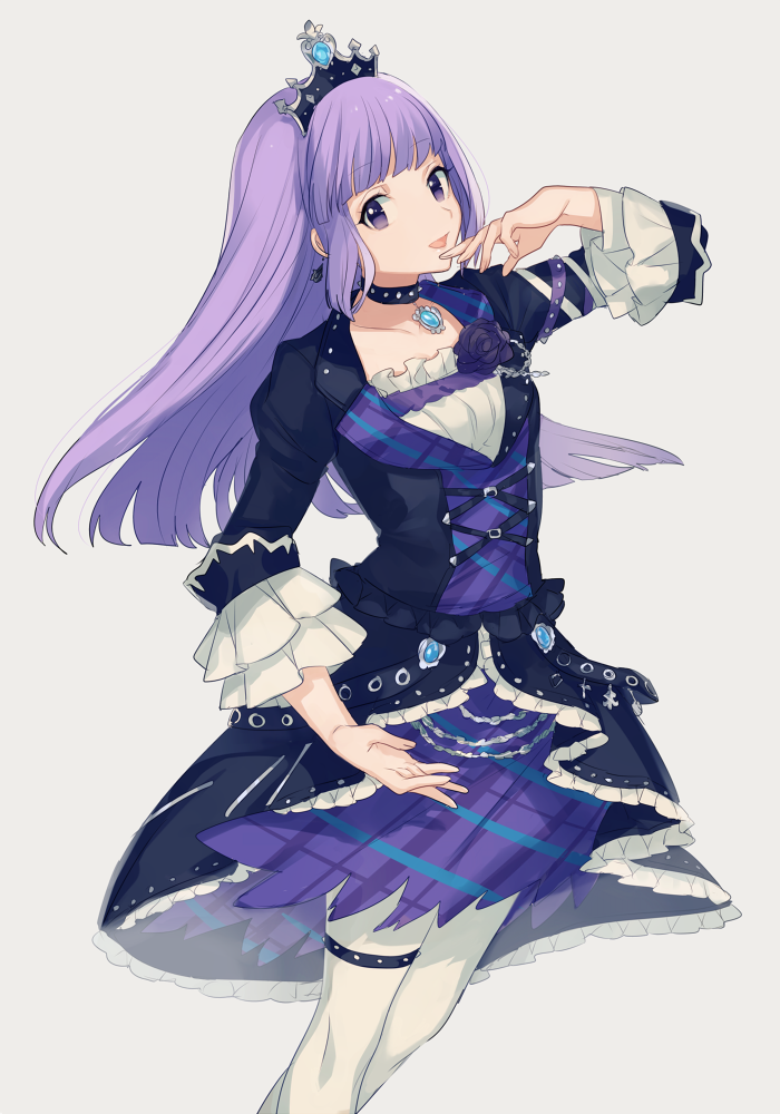 1girl aikatsu!_(series) asuda black_choker black_dress blunt_bangs breasts choker commentary_request dress earrings frilled_dress frilled_sleeves frills grey_background hand_to_own_mouth hand_up hikami_sumire jewelry long_hair long_sleeves looking_at_viewer medium_breasts open_mouth purple_hair simple_background smile solo standing tiara violet_eyes
