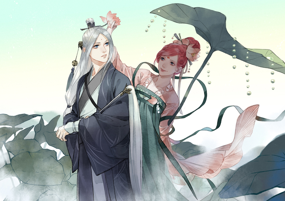 1boy 1girl arm_behind_back arm_up beads blue_eyes character_request chinese_clothes clear_sky coat cyotsy day dew_drop dress duster facial_mark flower forehead_mark from_side green_dress grey_coat hagoromo hair_bun hair_ornament hair_stick half_updo hanfu holding holding_duster holding_flower leaning_back lingyu_zhang long_hair long_sleeves looking_at_another looking_back lotus lotus_leaf low-tied_long_hair outdoors parted_hair parted_lips pink_flower pink_hair pond putting_on_headwear robe sash shawl single_hair_bun sky smile standing swept_bangs sword sword_on_back updo water_drop weapon weapon_on_back white_robe wide_sleeves xiao_guan_(headdress) yiren_zhixia