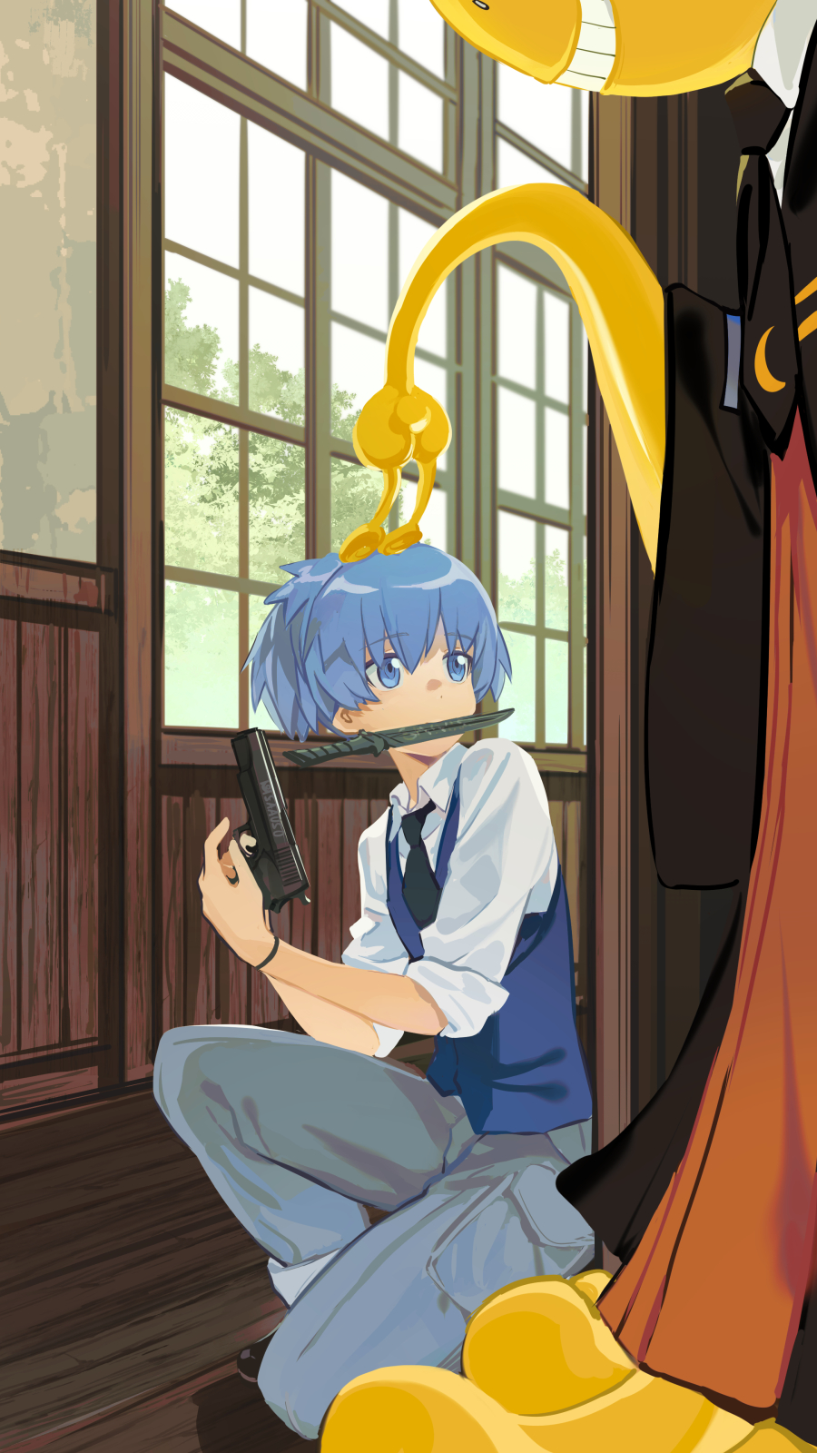 2boys ansatsu_kyoushitsu black_necktie blue_eyes blue_hair blue_vest bracelet collared_shirt colored_skin crescent_print cyotsy dagger day grey_pants grin gun handgun headpat highres holding holding_gun holding_weapon indoors jewelry knife koro-sensei kunugigaoka_middle_school_uniform looking_at_another looking_back monster_boy mouth_hold multiple_boys necktie on_one_knee out_of_frame pants pocket ponytail robe school_uniform shiota_nagisa shirt shoes sleeves_rolled_up smile solo_focus standing tentacles vest weapon weapon_in_mouth white_shirt window wooden_floor yellow_skin