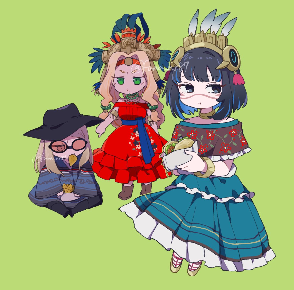 aztec bracer colored_inner_hair eyeliner facepaint fate/grand_order fate_(series) grey_eyes highres huna_nr jewelry makeup mexican_dress multicolored_hair neck_ring poncho quetzalcoatl_(fate) taco tenochtitlan_(fate) tezcatlipoca_(fate) tinted_eyewear