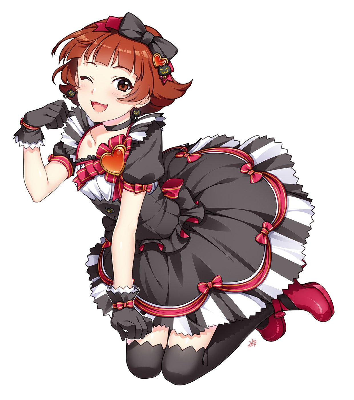 1girl :3 ;d black_choker black_dress black_gloves black_ribbon black_thighhighs blush breasts brown_eyes brown_hair cat_earrings cat_hair_ornament choker clenched_hand collarbone dress full_body gloves hair_ornament hair_ribbon hand_up heart heart_hair_ornament highres idolmaster idolmaster_million_live! idolmaster_million_live!_theater_days kneeling looking_at_viewer medium_breasts mikapoe nonohara_akane one_eye_closed open_mouth red_footwear red_ribbon ribbon ribbon-trimmed_clothes ribbon-trimmed_gloves ribbon_trim short_hair short_sleeves signature simple_background smile solo strappy_heels striped striped_ribbon thigh-highs white_background zettai_ryouiki