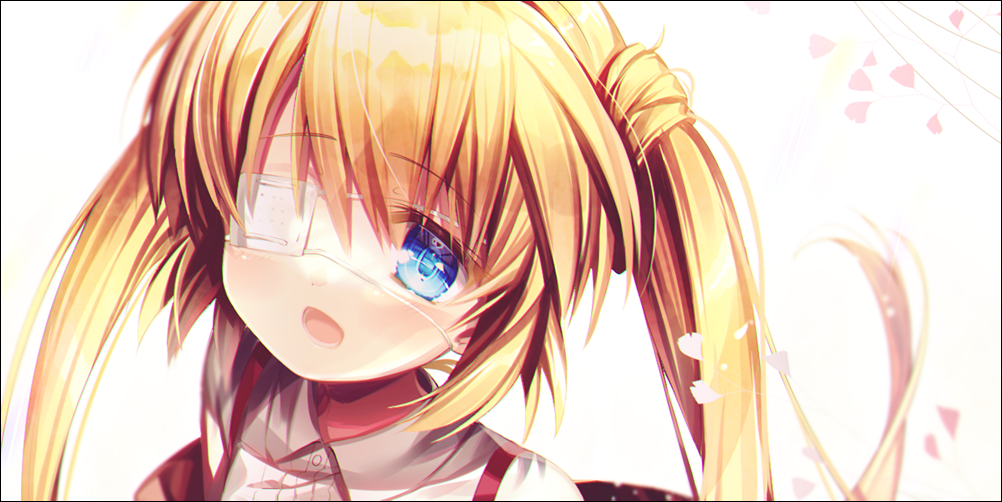1girl 2020 :d blonde_hair blue_eyes blush casual chi_no close-up commentary_request dated_commentary eyelashes eyepatch eyes_visible_through_hair hair_between_eyes long_hair looking_at_viewer lower_teeth_only nakatsu_shizuru one_eye_covered open_mouth rewrite simple_background smile solo teeth twintails white_background