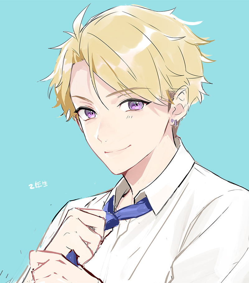 1boy adjusting_clothes adjusting_necktie aqua_background blonde_hair blue_necktie closed_mouth collared_shirt commentary earrings ensemble_stars! jewelry looking_at_viewer male_focus narukami_arashi necktie riri_(artist) school_uniform shirt short_hair simple_background smile solo stud_earrings translation_request violet_eyes white_shirt