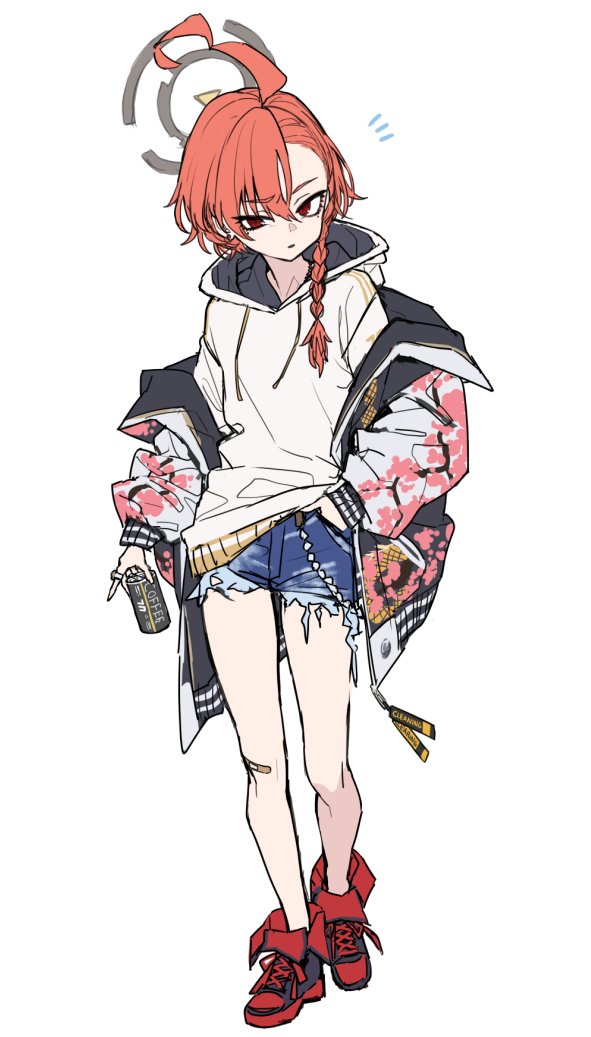 1girl ahoge alternate_costume asymmetrical_bangs baffu blue_archive braid can casual denim denim_shorts earrings full_body halo hand_in_pocket holding holding_can hood hoodie jacket jacket_partially_removed jewelry looking_at_viewer mole mole_under_eye neru_(blue_archive) orange_hair red_eyes red_footwear ring shoes shorts simple_background single_braid sketch sneakers solo stud_earrings sukajan torn_clothes torn_shorts white_background white_hoodie