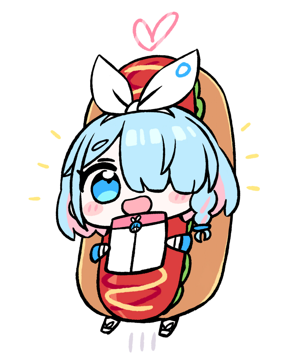 1girl arona_(blue_archive) blue_archive blue_eyes blue_hair bow_hairband braid chan_co chibi hair_over_one_eye hairband heart_halo highres hot_dog_costume looking_at_viewer multicolored_hair open_mouth pink_hair short_hair smile solo two-tone_hair white_hairband