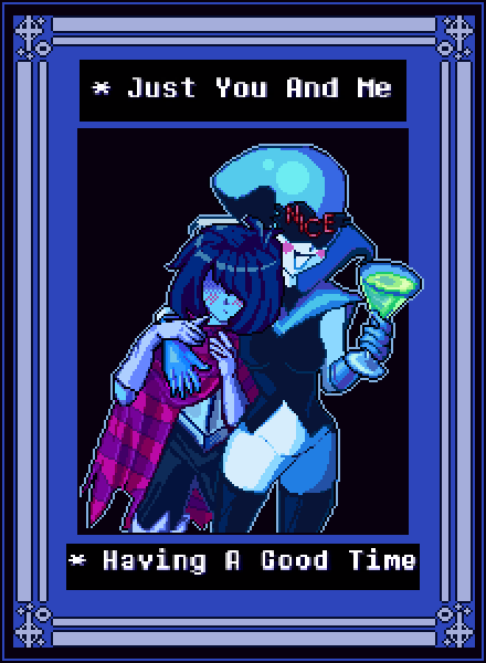 1990s_(style) 1boy 1girl age_difference alcohol blush boots cocktail_glass cup dark deltarune dithering drink drinking_glass fantasy framed glass high_heel_boots high_heels hug kris_(deltarune) lilian_duleroux onee-shota pixel_art queen queen_(deltarune) retro_artstyle smug thigh-highs