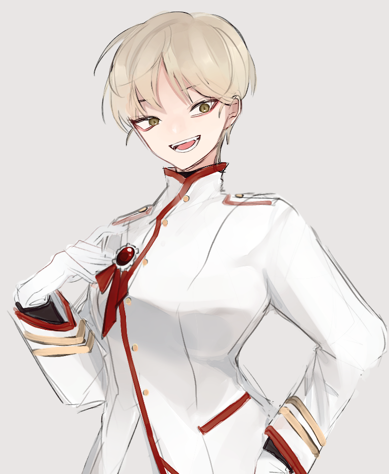 1girl blonde_hair blue_archive breasts closed_mouth grey_background jacket large_breasts long_sleeves marina_(blue_archive) medal military military_uniform rassha_(jgdc3548) short_hair simple_background sketch smile solo uniform white_jacket yellow_eyes