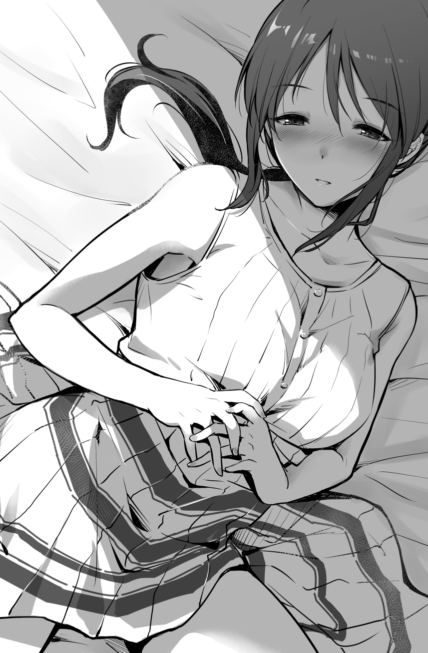 1girl bare_shoulders bed_sheet blush bow breasts collarbone from_above greyscale hair_bow highres idolmaster idolmaster_cinderella_girls idolmaster_cinderella_girls_starlight_stage interlocked_fingers large_breasts long_hair looking_at_viewer lying mifune_miyu minori_(m-noir) monochrome on_back on_bed own_hands_clasped own_hands_together parted_lips pleated_skirt ponytail shadow shirt sidelocks skirt sleeveless sleeveless_shirt smile solo striped striped_skirt