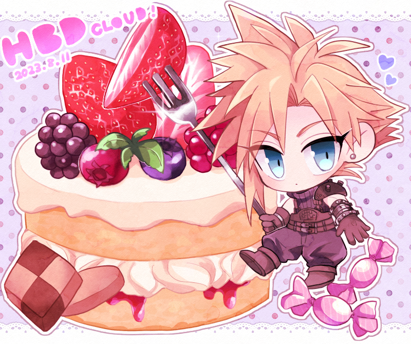 1boy armor asymmetrical_hair baggy_pants birthday_cake blackberry_(fruit) blonde_hair blue_eyes blue_pants blue_shirt boots brown_footwear brown_gloves cake candy character_name chibi cloud_strife dated earrings final_fantasy final_fantasy_vii final_fantasy_vii_remake food fork fruit gloves happy_birthday holding holding_fork jewelry looking_at_viewer male_focus pants polka_dot polka_dot_background shirt short_hair shoulder_armor single_earring sleeveless sleeveless_turtleneck solo spiky_hair strawberry suspenders ttnoooo turtleneck wrapped_candy