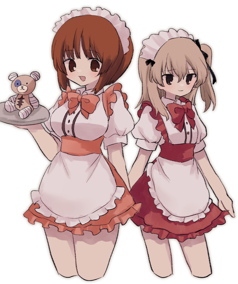 2girls alternate_costume apron black_ribbon boko_(girls_und_panzer) bow bowtie brown_eyes brown_hair closed_mouth collared_dress cropped_legs dress girls_und_panzer hair_ribbon holding holding_tray light_brown_hair long_hair looking_at_viewer maid_headdress multiple_girls nishizumi_miho one_side_up open_mouth pink_bow pink_bowtie pink_dress puffy_short_sleeves puffy_sleeves red_bow red_bowtie red_dress ri_(qrcode) ribbon shimada_arisu short_hair short_sleeves side-by-side simple_background smile standing stuffed_animal stuffed_toy teddy_bear tray waist_apron waitress white_apron white_background