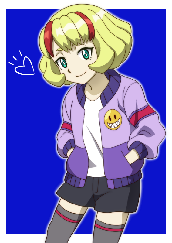 1girl aqua_eyes badge beyblade beyblade:_burst black_shorts blonde_hair blue_background border bright_pupils closed_mouth commentary_request cowboy_shot eyebrows_hidden_by_hair flat_chest grey_thighhighs hands_in_pockets heart ichika_kindo jacket long_sleeves looking_at_viewer multicolored_hair onomekaman outline purple_jacket redhead shirt short_eyebrows shorts simple_background smile solo standing streaked_hair thick_eyebrows thigh-highs two-tone_hair white_border white_outline white_shirt