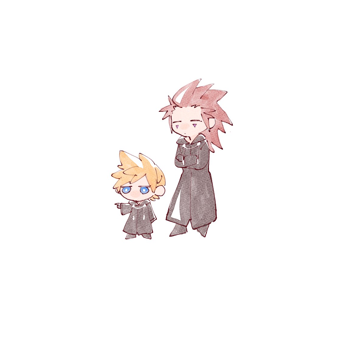 2boys axel_(kingdom_hearts) black_coat black_coat_(kingdom_hearts) black_footwear blonde_hair blue_eyes chibi closed_eyes coat crossed_arms dot_mouth expressionless facial_mark height_difference kingdom_hearts long_coat long_hair male_focus messy_hair multiple_boys nitoya_00630a no_mouth no_nose pointing redhead roxas shoes short_hair spiky_hair triangle_facial_mark watercolor_effect white_background