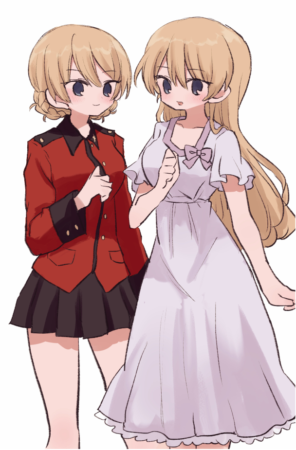 1girl 2girls alternate_hairstyle black_skirt blonde_hair blue_eyes braid closed_mouth commentary darjeeling_(girls_und_panzer) dual_persona girls_und_panzer hair_down jacket long_sleeves looking_at_viewer military_uniform miniskirt multiple_girls nightgown open_mouth pleated_skirt red_jacket ri_(qrcode) short_hair short_sleeves simple_background skirt sleepwear smile solo st._gloriana's_military_uniform standing twin_braids uniform white_background white_nightgown