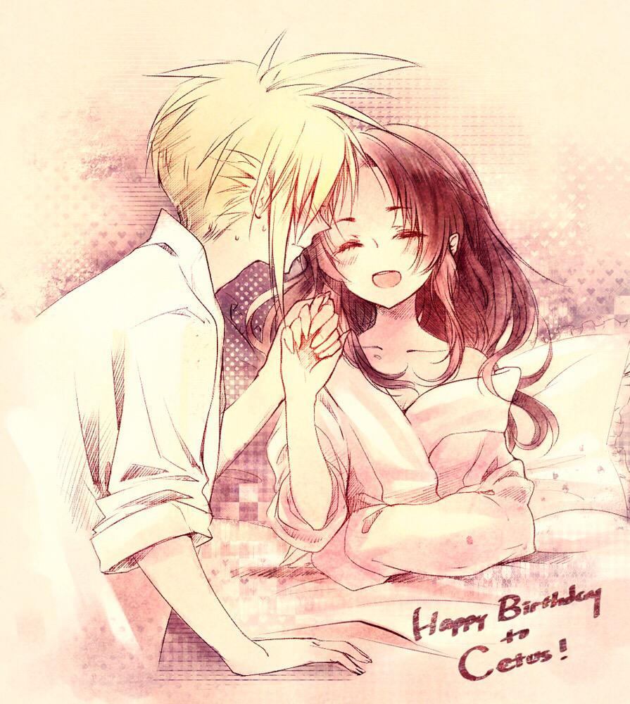 1boy 1girl aerith_gainsborough blonde_hair blush brown_hair closed_eyes cloud_strife collarbone commentary_request couple final_fantasy final_fantasy_vii happy_birthday hetero holding_hands kieta long_hair long_sleeves off-shoulder_shirt off_shoulder open_mouth parted_bangs pillow second-party_source shirt short_hair sidelocks sleeves_rolled_up smile spiky_hair sweatdrop under_covers upper_body white_shirt