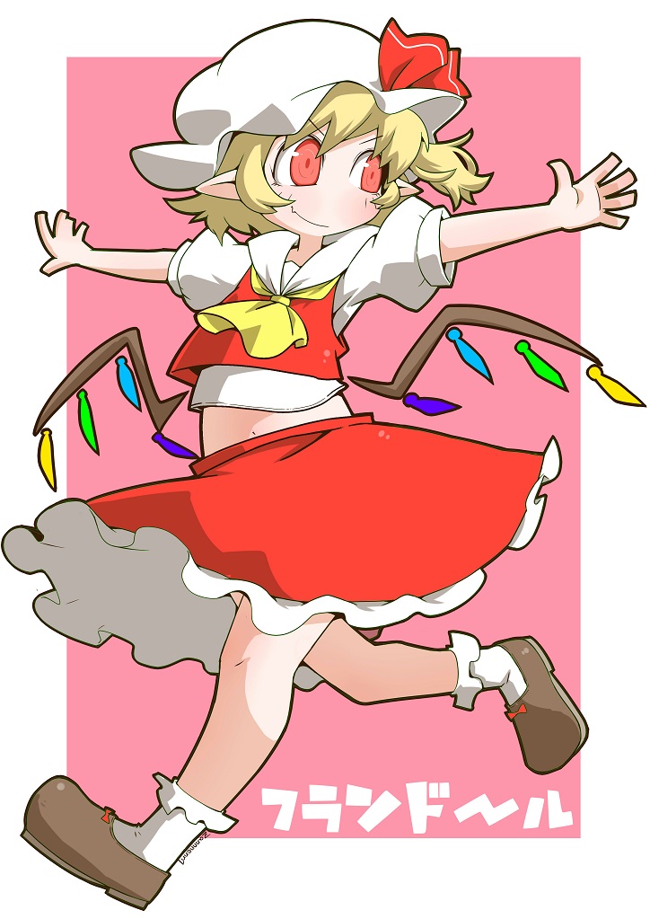 1girl black_footwear blonde_hair bobby_socks character_name closed_mouth collared_shirt commentary crystal fang flandre_scarlet hat hat_ribbon looking_back looking_to_the_side low_wings medium_skirt midriff mob_cap navel neckerchief one_side_up outside_border outstretched_arms pink_background pointy_ears puffy_short_sleeves puffy_sleeves red_eyes red_skirt red_vest ribbon running shirt shoes short_hair short_sleeves skin_fang skirt skirt_set smile socks solo spread_arms touhou translated twitter_username vest white_headwear white_shirt white_socks wings yellow_neckerchief zannen_na_hito