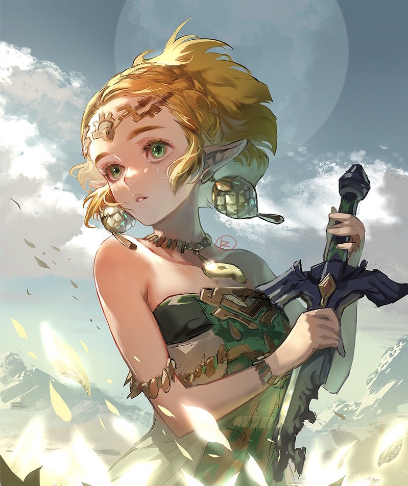 1girl armlet bare_shoulders blonde_hair bracelet braid broken broken_sword broken_weapon circlet clouds collarbone crown_braid dress earrings eyelashes facepaint falling_leaves full_moon green_dress green_eyes hands_up holding holding_sword holding_weapon jewelry leaf looking_to_the_side magatama magatama_necklace moon mountainous_horizon multicolored_clothes multicolored_dress necklace outdoors parted_lips pointy_ears princess_zelda short_hair signature sky solo strapless strapless_dress suzuki_rika sword the_legend_of_zelda the_legend_of_zelda:_tears_of_the_kingdom upper_body weapon white_dress wind
