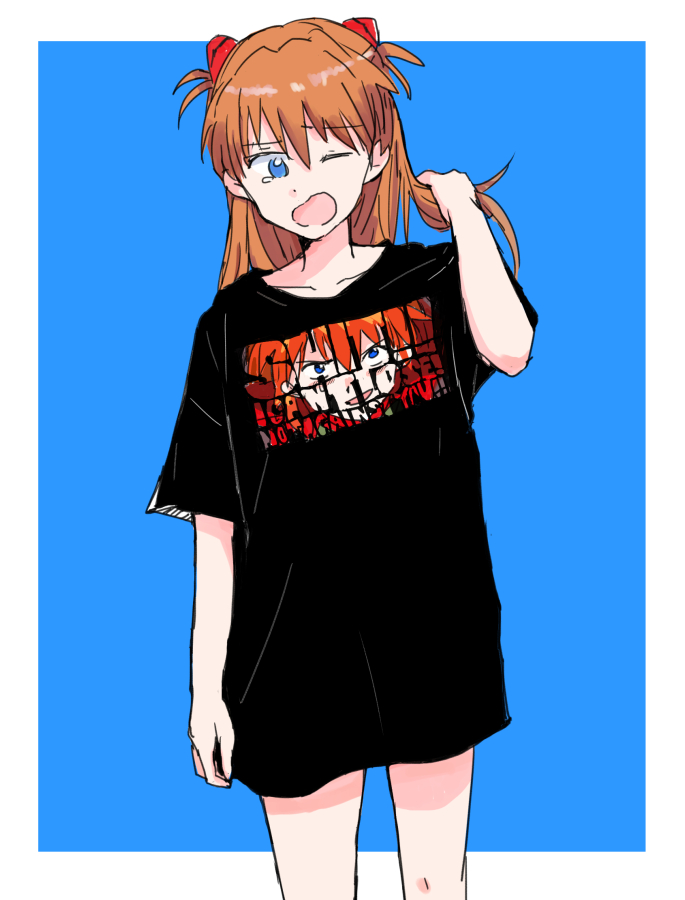 1girl black_shirt blue_eyes breasts commentary commentary_request cowboy_shot english_text hair_between_eyes hair_ornament long_hair looking_at_viewer mutsu_(layergreen) neon_genesis_evangelion one_eye_closed open_mouth orange_hair shirt simple_background small_breasts solo souryuu_asuka_langley