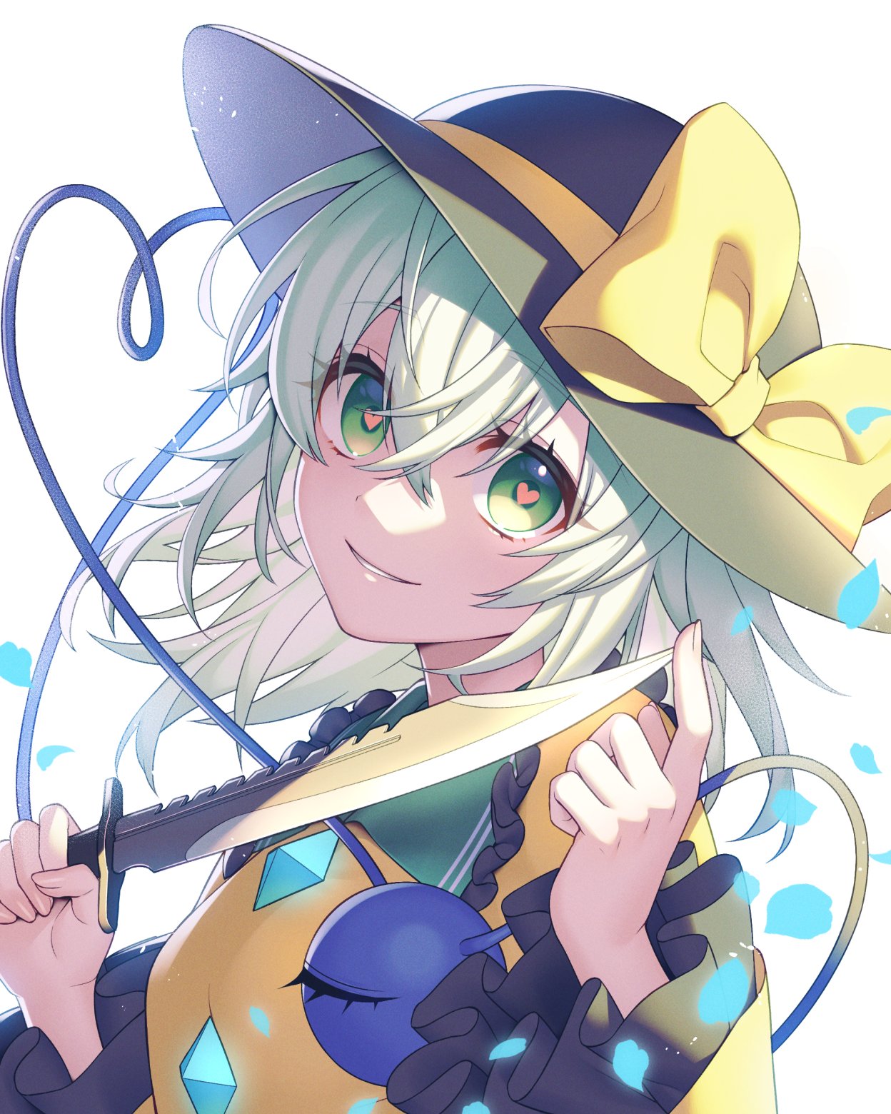 1girl black_headwear blouse bow buttons commentary_request diamond_button fingernails frilled_shirt_collar frilled_sleeves frills green_eyes green_hair hair_between_eyes hands_up hat hat_bow heart heart_in_eye heart_of_string highres holding holding_knife knife komeiji_koishi kuronohana long_sleeves looking_at_viewer medium_hair parted_lips petals shirt smile solo symbol_in_eye third_eye touhou upper_body white_background wide_sleeves yellow_bow yellow_shirt