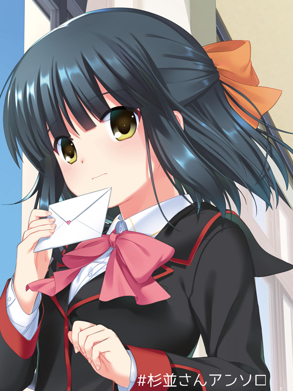 1girl black_hair black_jacket blunt_bangs blush bow close-up closed_mouth commentary_request day dress_shirt eyes_visible_through_hair fingernails floating_hair frown hair_bow half_updo hand_up holding holding_letter indoors jacket letter little_busters! long_sleeves looking_at_viewer love_letter medium_hair orange_bow otou_(otou_san) pink_bow school_uniform second-party_source shirt shy solo straight_hair suginami_mutsumi white_shirt window yellow_eyes