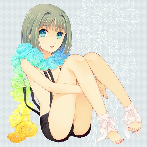 barefoot blue_eyes flower green_hair legs lips nail_polish no_bra original short_hair shorts solo suspenders toeless_socks