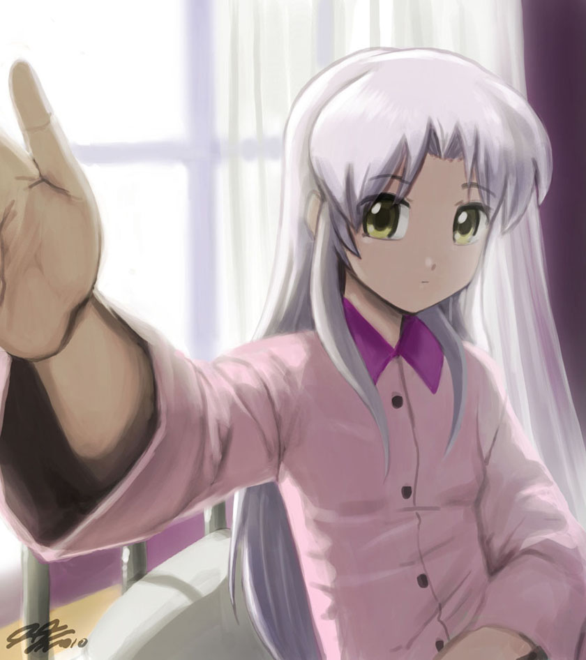 blush foreshortening hands john_joseco long_hair pov shrykewolf silver_hair solo tachibana_kanade yellow_eyes