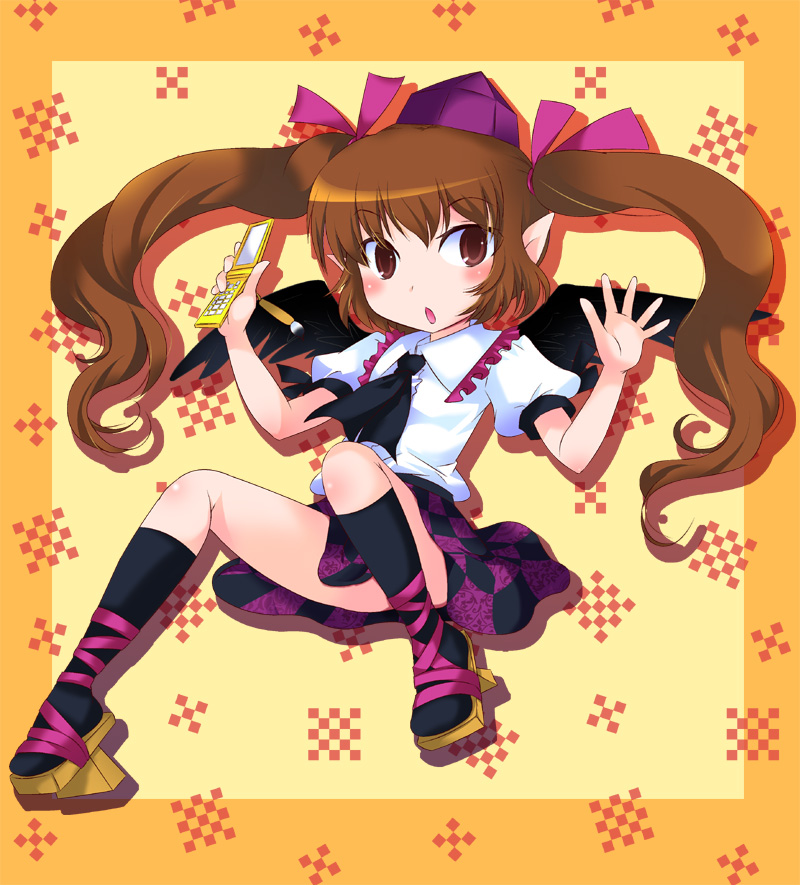 brown_eyes brown_hair cellphone checkered checkered_skirt geta hat himekaidou_hatate long_hair necktie ogakuru phone skirt solo tengu-geta tokin_hat touhou twintails wings