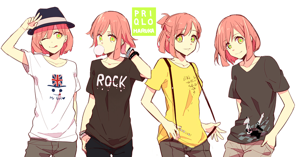 :q bubblegum clothes_writing costume_chart hand_behind_head hands_in_pockets hat karuha logo nanami_haruka pants parody pink_hair short_hair smile suspenders t-shirt tongue union_jack uniqlo uta_no_prince-sama v wink wristband yellow_eyes