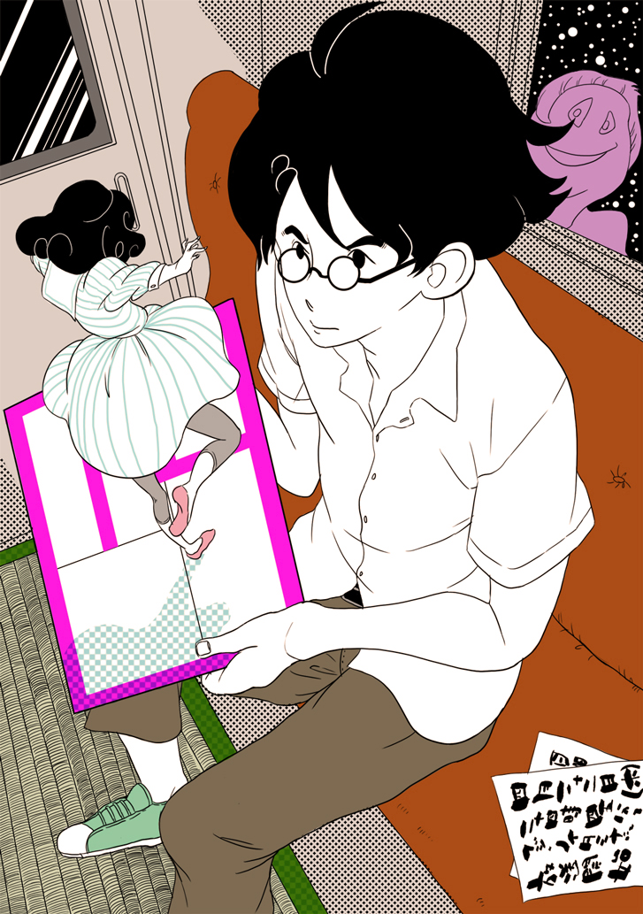 akashi black_hair checkered door dress dress_shirt flats glasses leggings nail_polish ozu_(yojouhan) pants polka_dot shoes star tatami text train translation_request watashi window yojouhan_shinwa_taikei