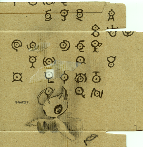 cardboard celebi kameko no_humans photo pokemon pokemon_(creature) pokemon_(game) pokemon_gsc unown unownglyphics