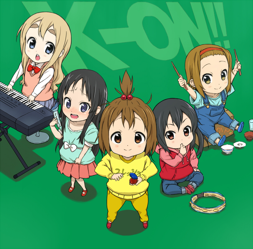 akiyama_mio bad_id black_eyes black_hair blonde_hair blue_eyes blush bowl bowtie box brown_eyes brown_hair cagayake!_girls_pose cardboard_box castanets child chopsticks forehead hair_bobbles hair_ornament hairband harmonica high_ponytail hirasawa_yui hoodie instrument k-on! kids kotobuki_tsumugi long_hair mary_janes mikan_box multiple_girls nakano_azusa overalls pants pirano shoes skirt smile sweater_vest tainaka_ritsu tambourine young