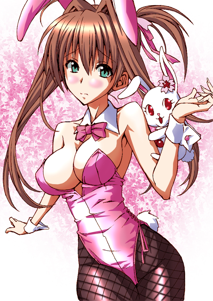 blush bowtie breasts brown_hair bunny bunny_ears bunny_tail bunnysuit cleavage embarrassed fishnet_pantyhose fishnets flower green_eyes hair_intakes hair_ribbon jewelpet jewelpet_(series) jewelpet_tinkle large_breasts long_hair no_bra pantyhose rabbit rabbit_ears ribbon ruby_(jewelpet) sakura_akari shiny shiny_clothes standing tail twintails wamwam wrist_cuffs