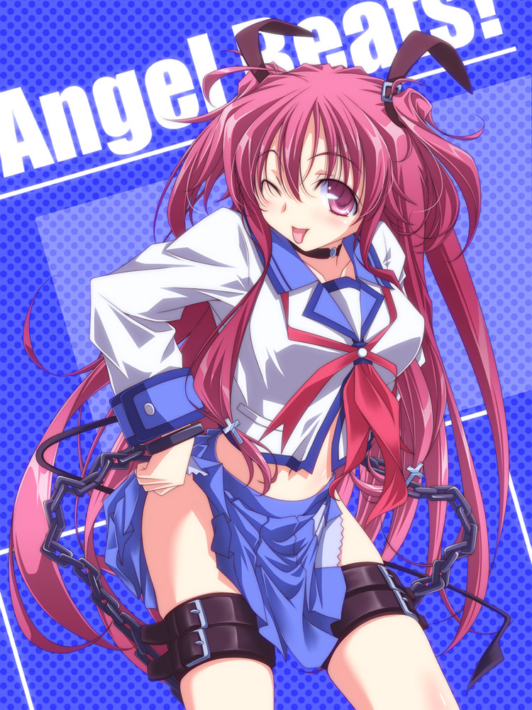 ;p belt chain chains choker cross demon_tail kikuchi_tsutomu midriff navel pink_eyes pink_hair school_uniform serafuku skirt tail thigh_strap tongue twintails wink yui_(angel_beats!)