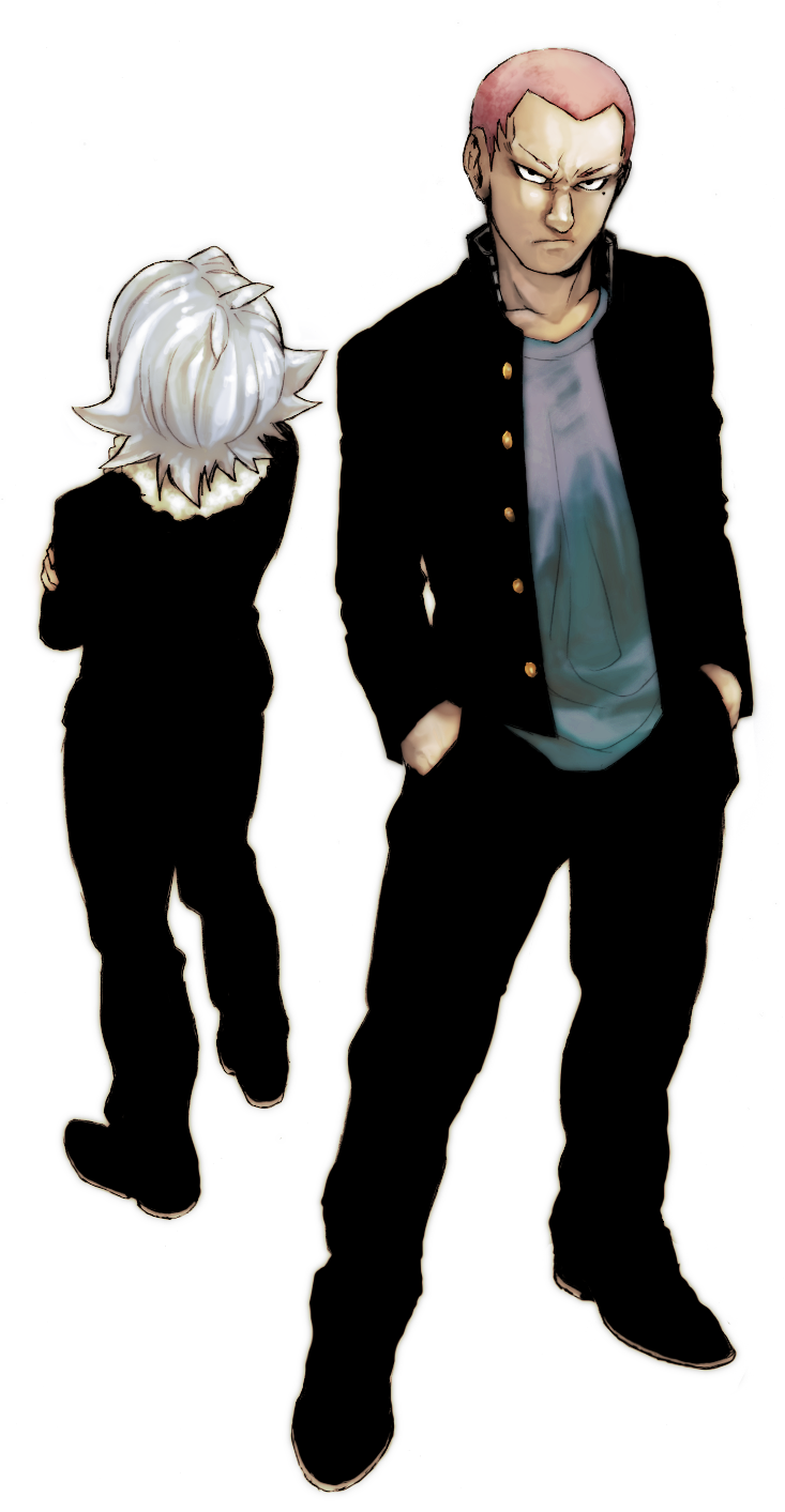 back crossed_arms folded_arms formal fredmoe55 fubuki_shirou hand_in_pockets hands_in_pockets highres inazuma_eleven multiple_boys pants pink_hair scarf someoka_ryuugo suit white_hair