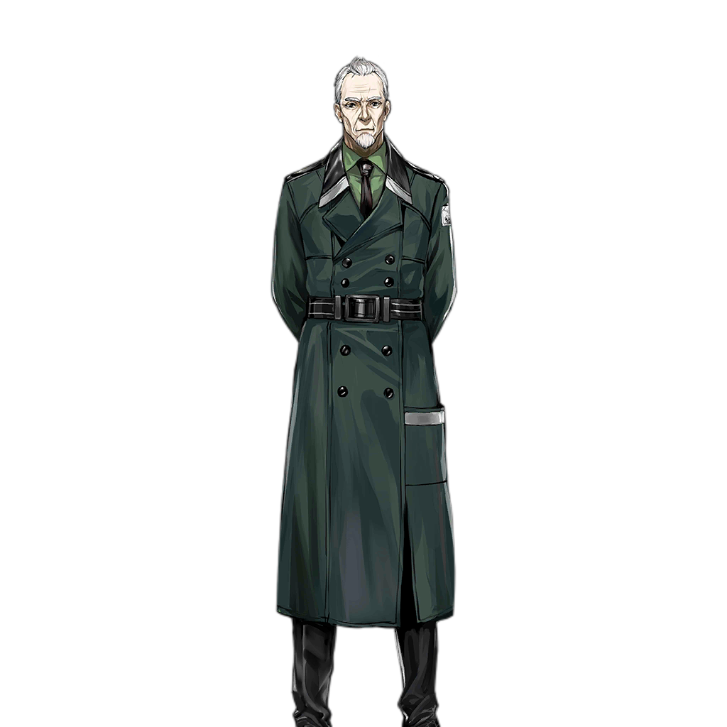 1boy arms_behind_back beard belt black_belt black_necktie black_pants buttons closed_mouth coat double-breasted facial_hair feet_out_of_frame general_carter_(girls'_frontline) girls_frontline green_coat green_shirt infukun kcco_(girls'_frontline) long_coat long_sleeves looking_at_viewer male_focus necktie official_art old old_man pants shirt short_hair simple_background solo standing transparent_background white_hair