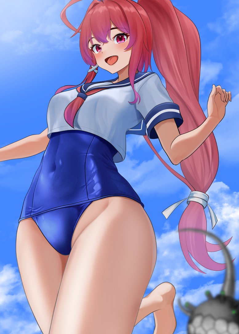 1girl blue_one-piece_swimsuit blue_sailor_collar blue_sky covered_navel dorachan_r enemy_naval_mine_(kancolle) feet from_below i-168_(kancolle) kantai_collection looking_at_viewer old_school_swimsuit one-piece_swimsuit open_mouth ponytail red_eyes redhead sailor_collar school_swimsuit school_uniform serafuku sky smile solo swimsuit tight_clothes tongue white_serafuku