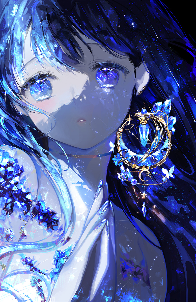 1girl blue_eyes blue_hair blue_nails comet commentary crescent crescent_earrings crystal earrings english_commentary jewelry long_hair original parted_lips pla4neta solo