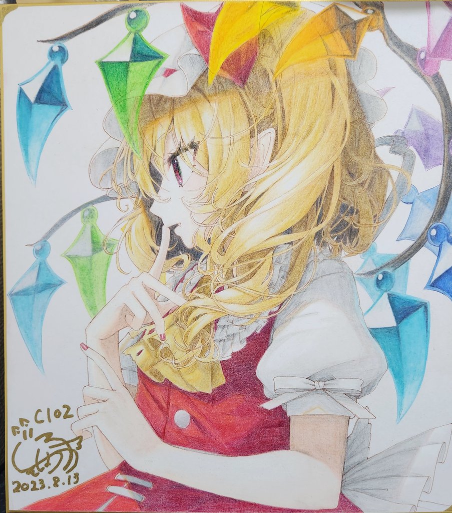 1girl ascot blonde_hair commentary_request crystal dated fang fang_out finger_to_mouth flandre_scarlet frilled_shirt_collar frills gunjou_row hat hat_ribbon index_finger_raised looking_ahead mob_cap multicolored_wings nail_polish profile puffy_short_sleeves puffy_sleeves red_eyes red_nails red_ribbon red_vest ribbon shikishi short_sleeves signature simple_background sleeve_ribbon solo touhou traditional_media upper_body vest white_background white_ribbon wings