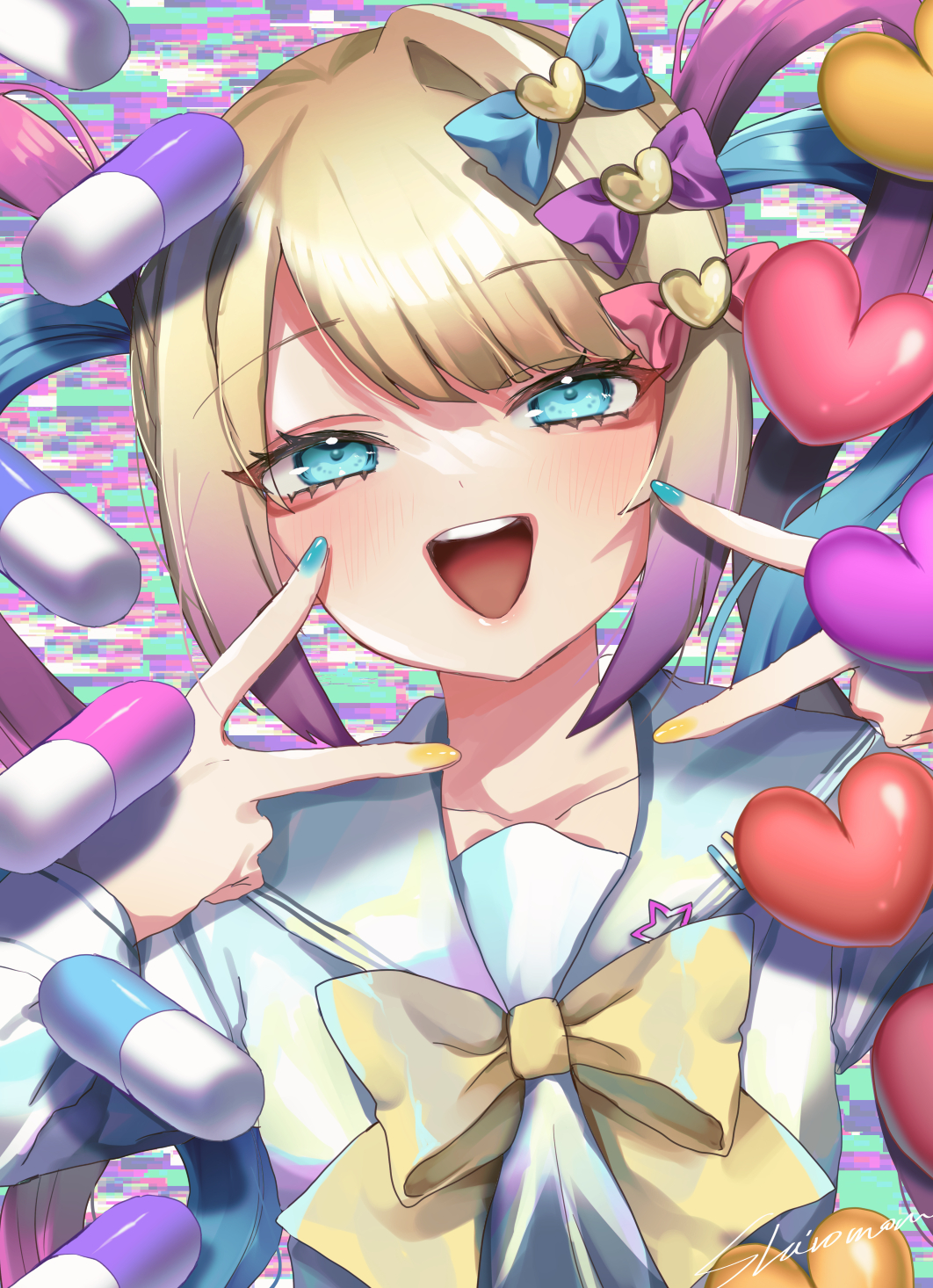 1girl :d blonde_hair blue_bow blue_eyes blue_hair blue_nails blue_shirt blush bow chouzetsusaikawa_tenshi-chan commentary_request double_v glitch hair_bow hair_ornament heart heart_hair_ornament highres long_hair long_sleeves looking_at_viewer multicolored_hair multicolored_nails nail_polish needy_girl_overdose open_mouth pill pink_bow pink_hair purple_bow quad_tails sailor_collar shiromoru_(yozakura_rety) shirt smile solo teeth twintails upper_body upper_teeth_only v yellow_bow yellow_nails