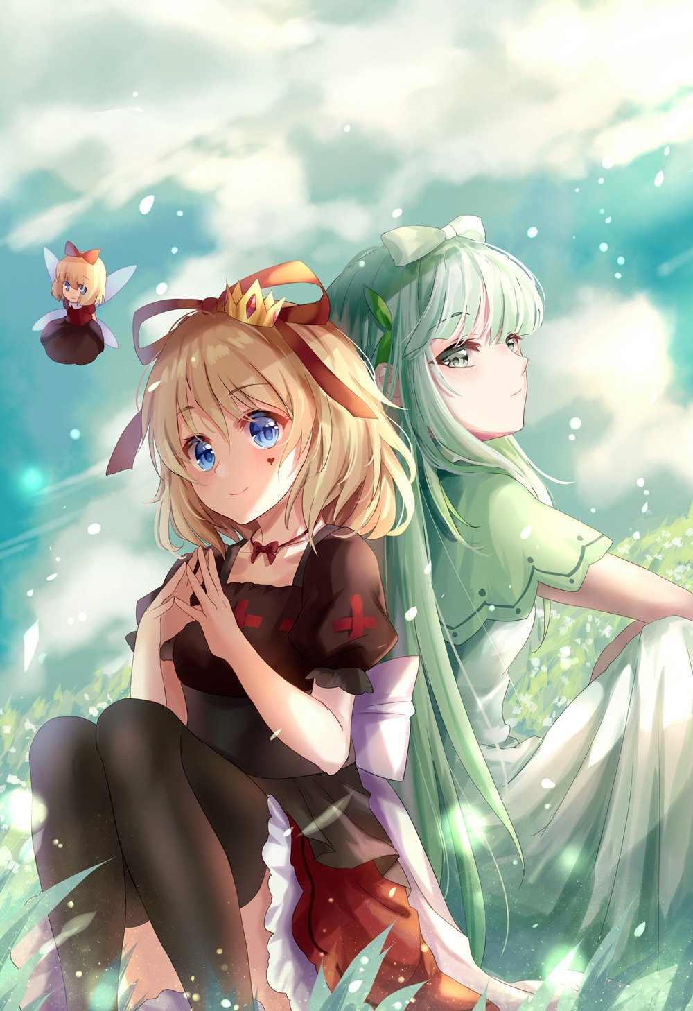 3girls akinomiya_asuka alternate_costume black_thighhighs blonde_hair blue_eyes bow breasts crown dress fairy_wings flower frilled_shirt frilled_shirt_collar frilled_sleeves frills grey_eyes hair_ribbon highres lily_of_the_valley little_doll_queen long_hair looking_at_viewer medicine_melancholy mini_crown multiple_girls puffy_short_sleeves puffy_sleeves red_bow red_ribbon ribbon shirt short_hair short_sleeves skirt small_breasts smile su-san thigh-highs thighs touhou valloside_majali wavy_hair white_dress white_hair wings